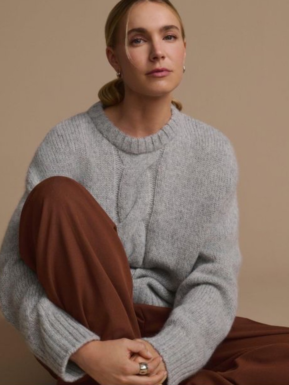 Jenni Kayne Tove Crewneck Cable Knit Sweater Heather Grey Small Alpaca Wool